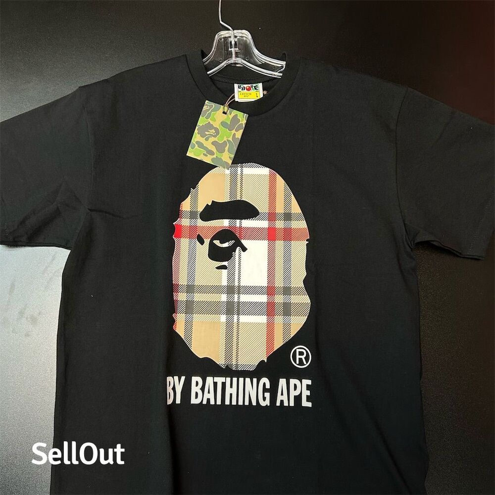Bape Unisex Plaid Ape Head Graphic Tee Black All Sizes Streetwear